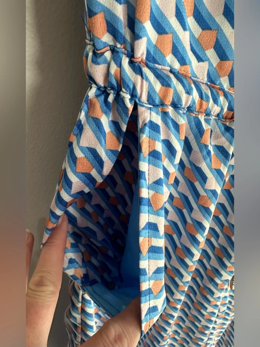Skies Are Blue Blue Geometric Strapless Jumpsuit with Peach Accents Retro Vibe M
